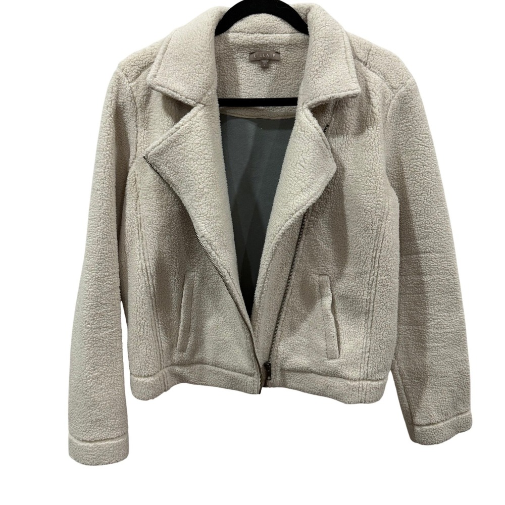 Lilla P Women Cream Sherpa Moto Jacket Faux Shearling Fleece Lined Size L